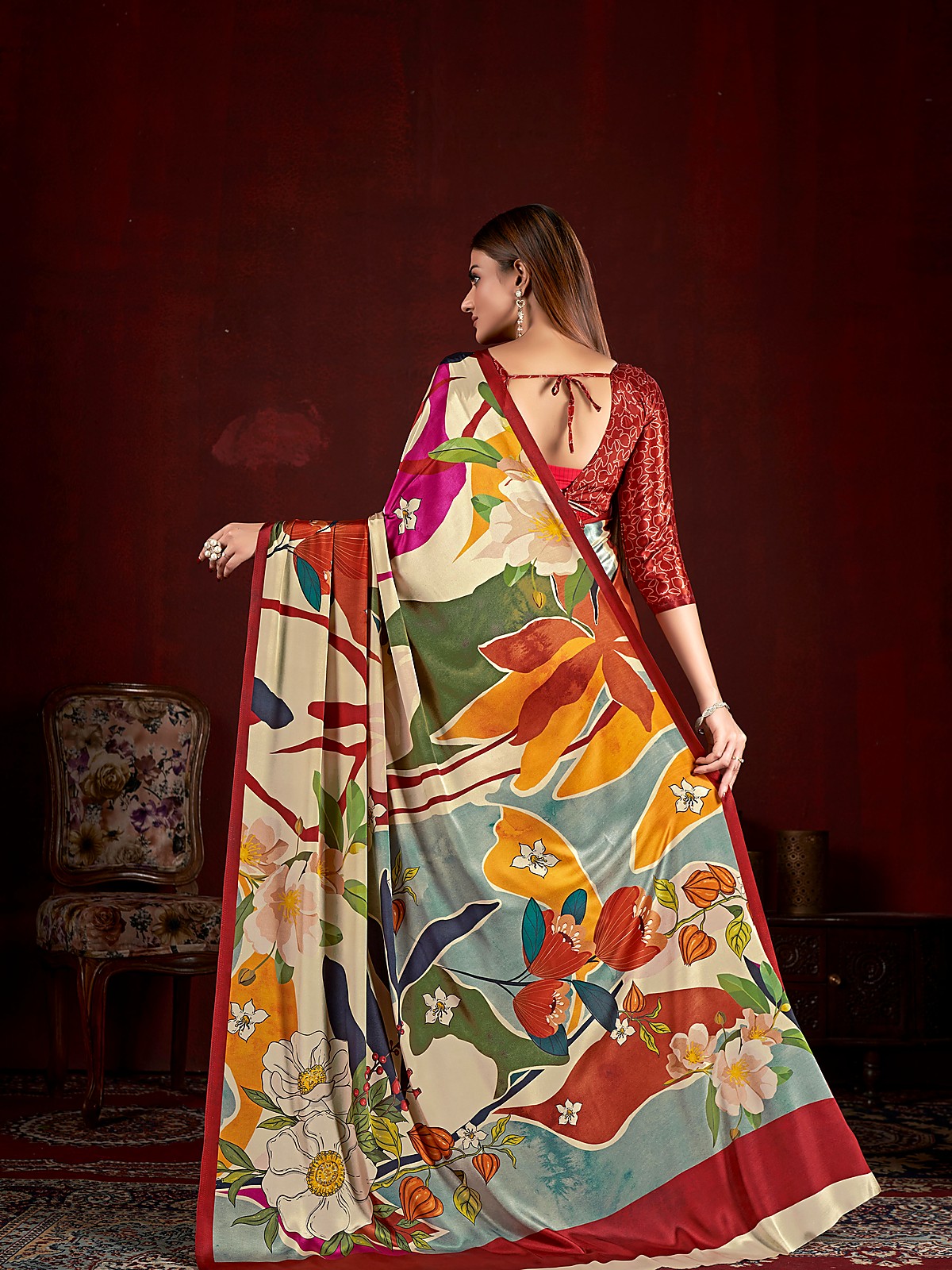 Floral Print Satin Saree
